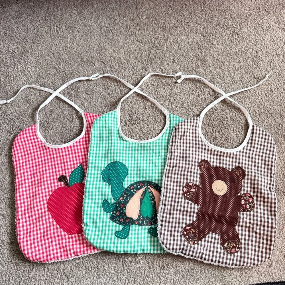 🍓 Handmade Gingham Floral Turtle Bear Apple Terry Cloth Tie Back Bibs (3 Pack)
